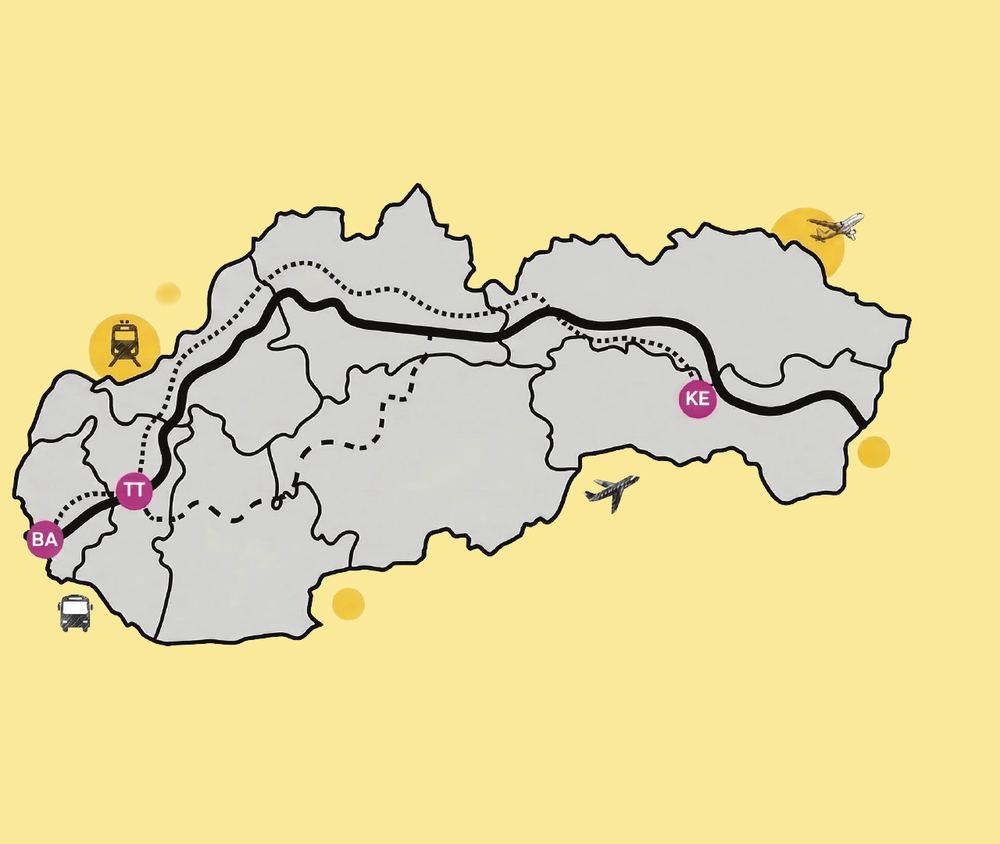 Map of Slovakia showing Trnava, Bratislava and the main transport links